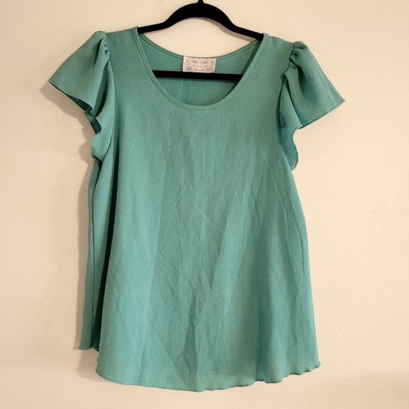 Frilly Short Sleeved Blouse-Teal - Picture 1 of 5